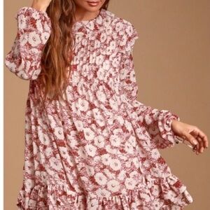 Free People Dusty Rose and White Floral Long Sleeve Swing Dress